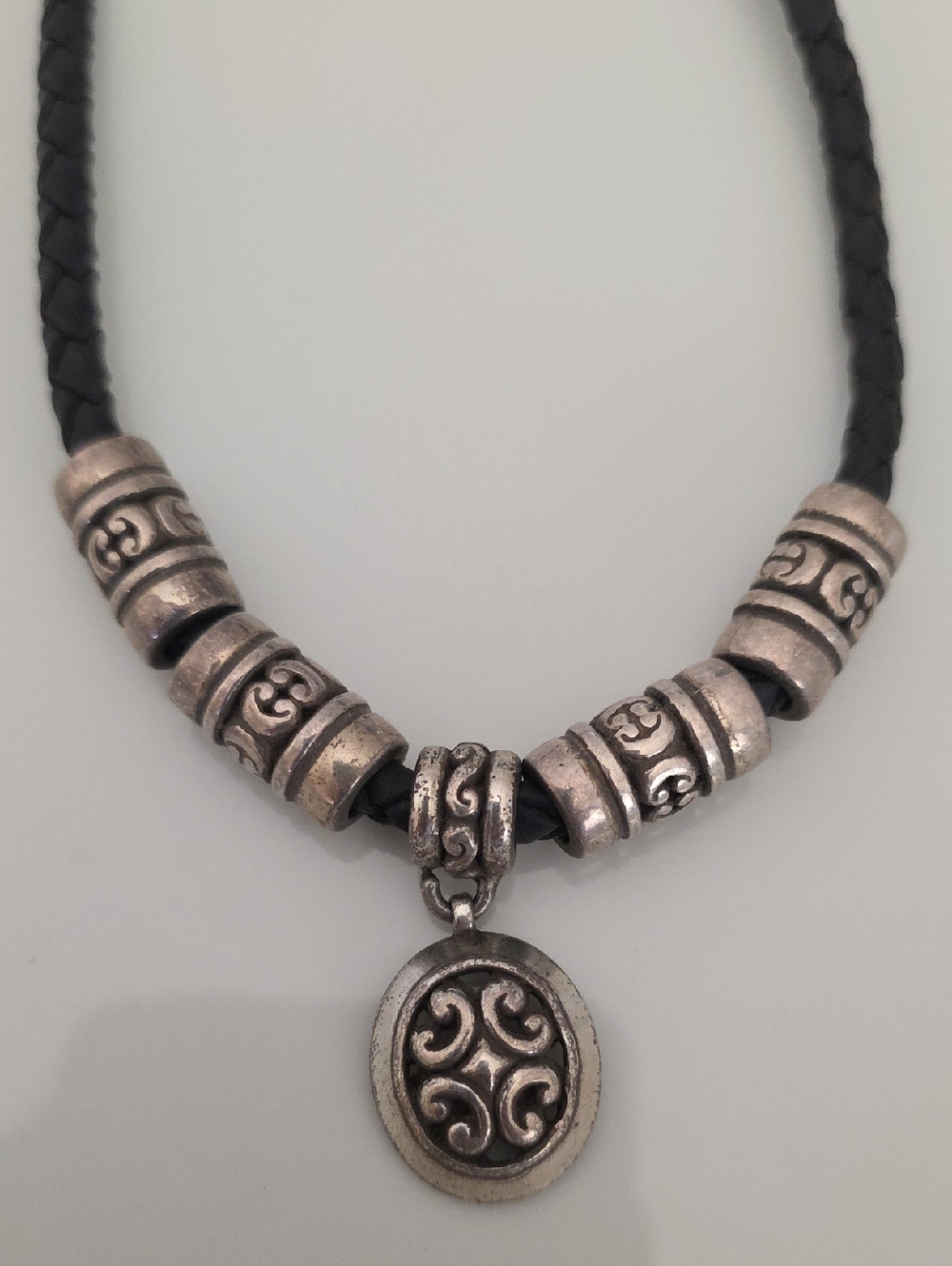Vintage Brighton Women's Silver-Tone Pendant  Bead Necklace - Black Leather Cord